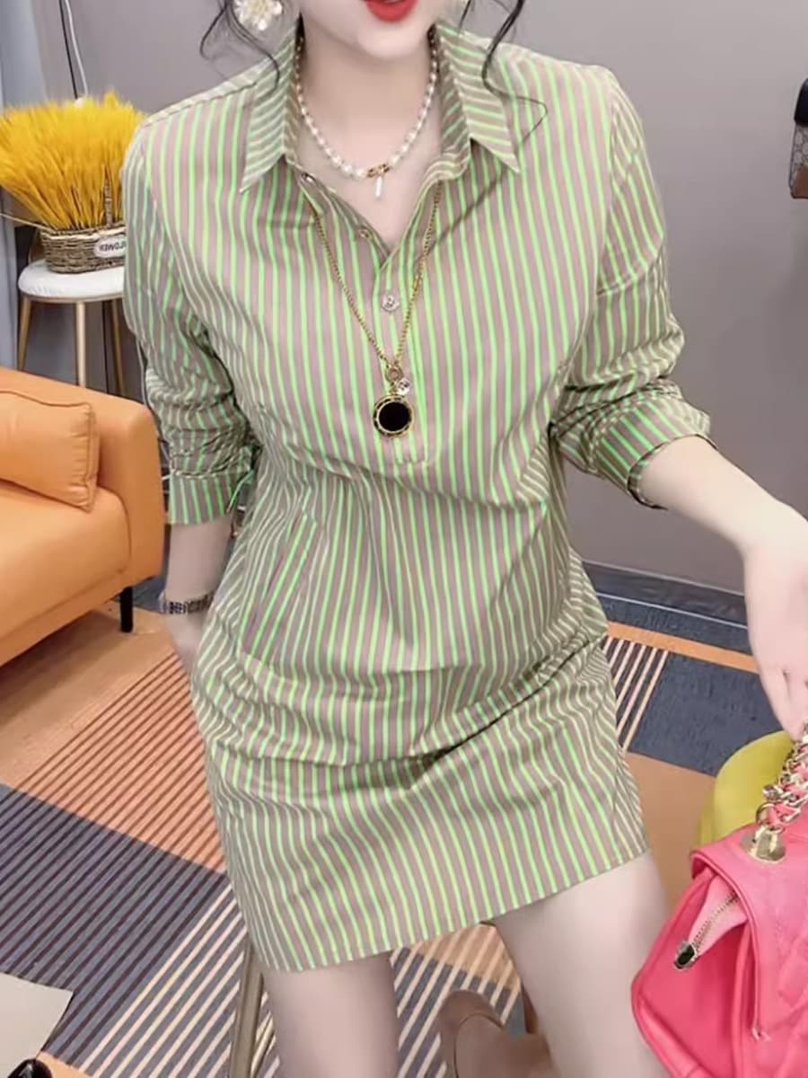 柄シャツ 柄シャツ 爽やか縦縞シャツワンピース
