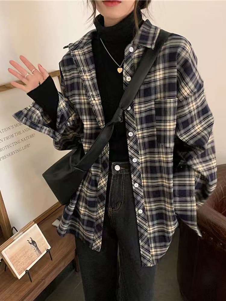 柄シャツ クラシック格子模様ゆったりシャツ