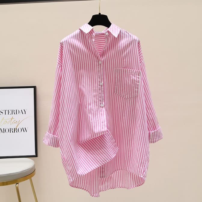 白柄シャツ ストライプ長袖ブラウス 体型カバーロング丈