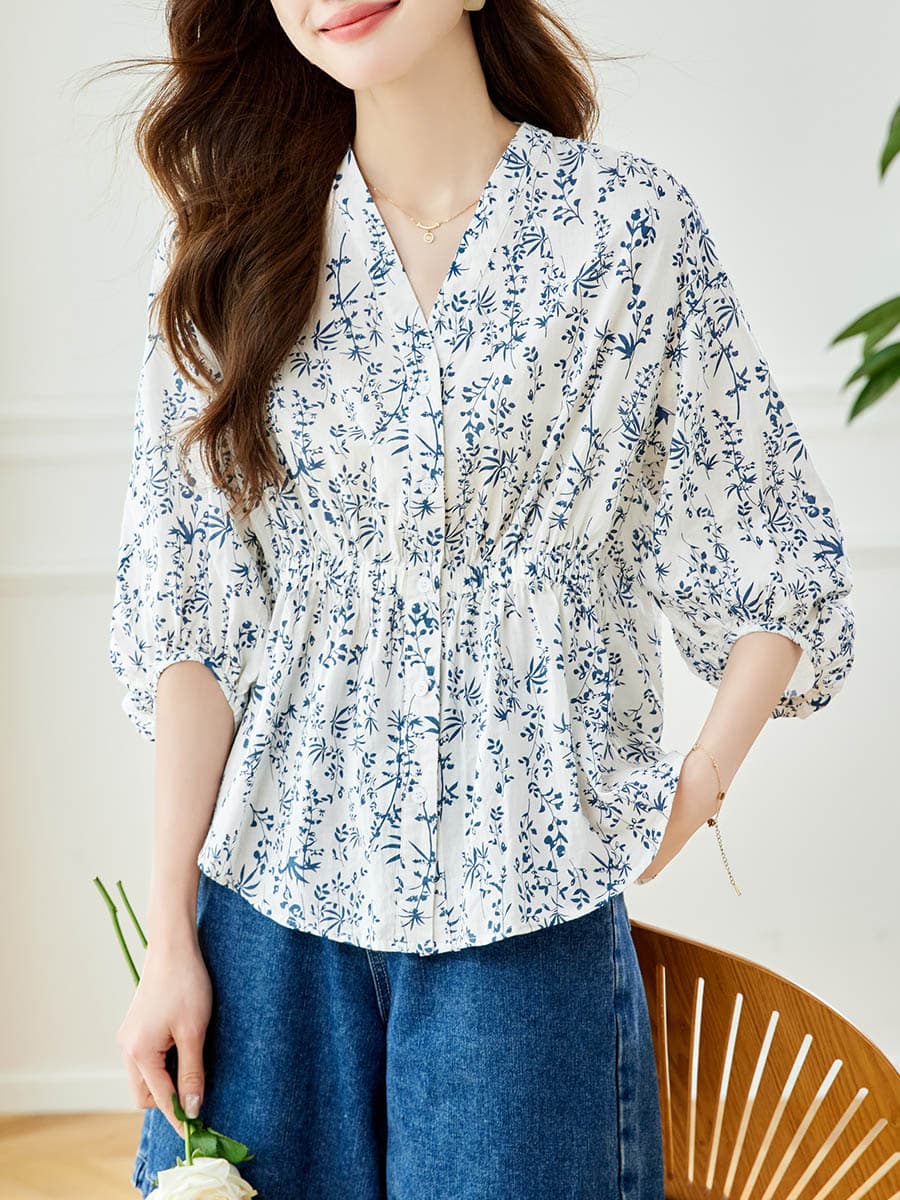 柄シャツ 涼花草模様 七分袖ふんわりブラウス